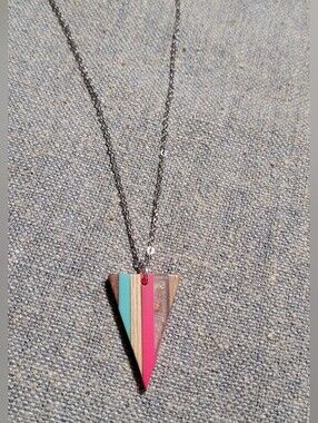 Handmade Triangle Wood Pendant Necklace in Pink & Teal